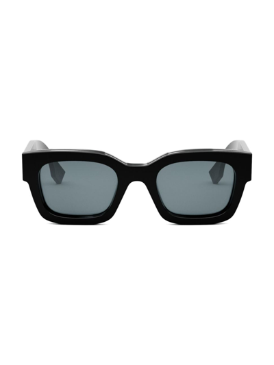 Shop Fendi Men's Signature 50mm Rectangular Sunglasses In Shiny Black Light Blue