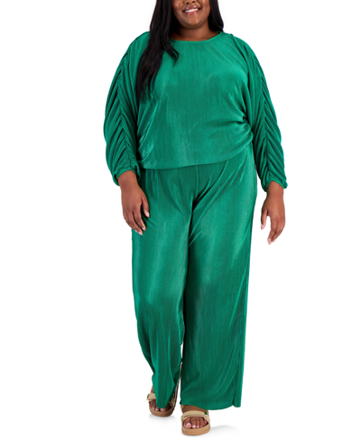 Shop Full Circle Trends Juniors' Plisse Ruched-sleeve Top & Pants In Green