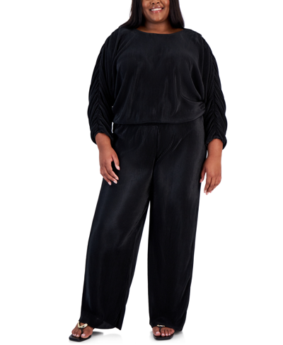 Shop Full Circle Trends Juniors' Plisse Ruched-sleeve Top & Pants In Black Beauty