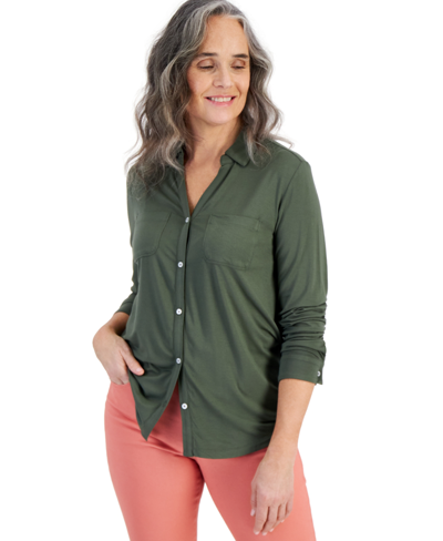 Shop Style & Co Women's Button-down Knit Shirt, Created For Macy's In Oliva