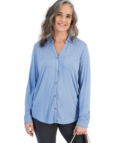 Shop Style & Co Women's Button-down Knit Shirt, Created For Macy's In Blue Fog