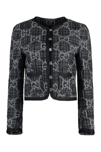 Shop Gucci Jacquard Knit Jacket In Grey