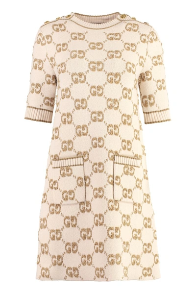 Shop Gucci Jacquard Knit Mini-dress In Beige