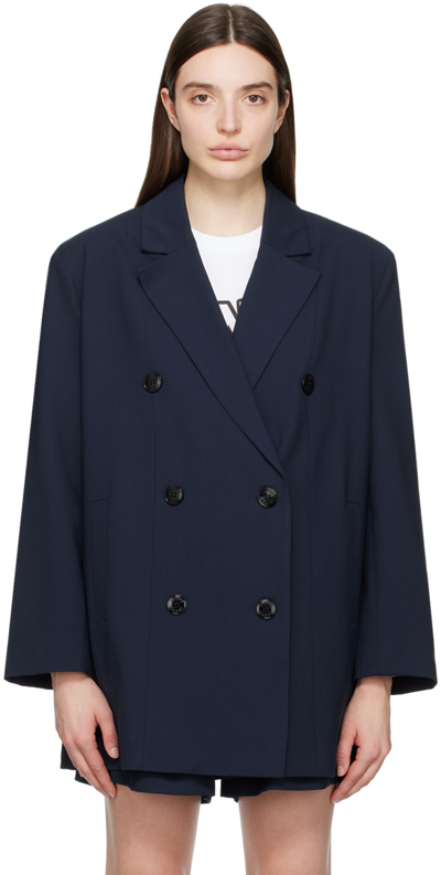 Shop Ganni Navy Double-breasted Blazer In 683 Sky Captain