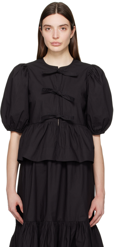Ganni Poplin Front-tie Peplum Blouse With Puffed-sleeves In Black