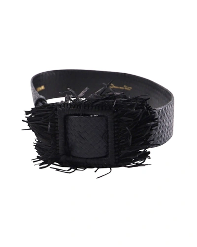 Shop Oscar De La Renta Woven Raffia Fringe Belt In Black Leather