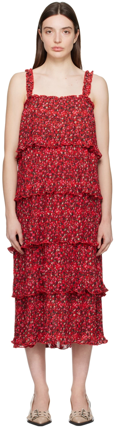 Shop Ganni Red Flounce Midi Dress In 474 Racing Red