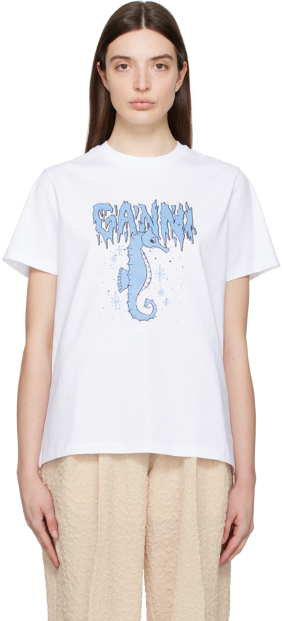 Shop Ganni White Seahorse T-shirt In 151 Bright White