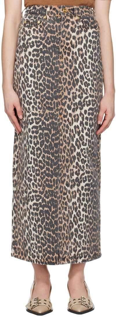 Shop Ganni Brown Printed Denim Maxi Skirt In 943 Leopard