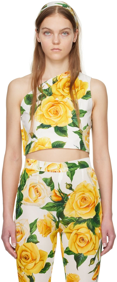 Dolce & Gabbana One-shoulder Cotton Crop Top In Ha3vo Rose Gialle
