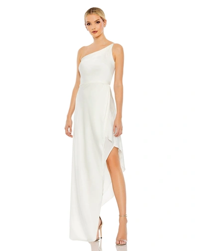 Shop Mac Duggal One Shoulder Hi-low Draped Charmeuse Dress In White