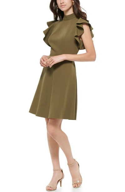 Shop Tommy Hilfiger Flutter Sleeve Fit & Flare Dress In Dark Olive