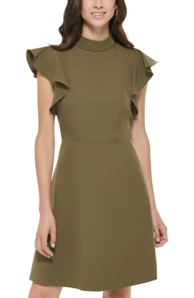 Shop Tommy Hilfiger Flutter Sleeve Fit & Flare Dress In Dark Olive