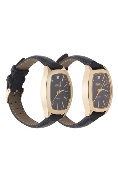 I Touch Jones New York Two-piece Diamond Accent Tonneau Faux Leather Strap Watch His & Hers Set In Black