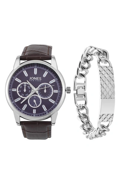 I Touch Jones New York Three-hand Quartz Croc Embossed Strap Watch & Id Bracelet In Brown