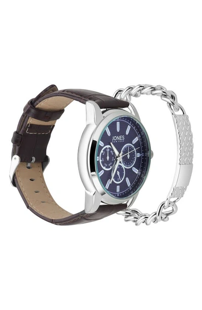 I Touch Jones New York Three-hand Quartz Croc Embossed Strap Watch & Id Bracelet In Brown