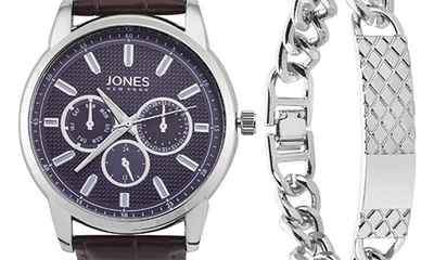I Touch Jones New York Three-hand Quartz Croc Embossed Strap Watch & Id Bracelet In Brown