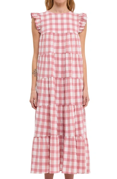 Shop English Factory Gingham Tiered Maxi Dress In Pink
