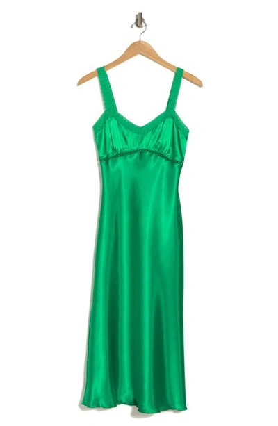 Shop Bebe Lace Strap Satin Midi Slipdress In Emerald