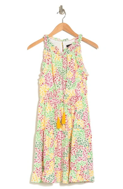 Shop Donna Morgan Floral Ruffle Sleeveless Linen Blend Minidress In Ivory/ Yellow/ Hot Pink/ Green