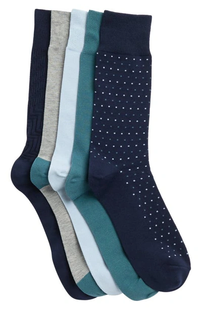 Shop Nordstrom Rack 5-pack Texture Crew Socks In Navy Dot -teal Hydro