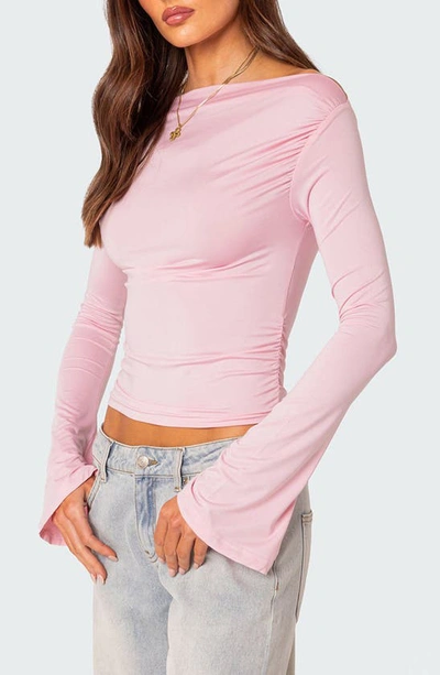 Edikted Dana Gathered Bell Sleeve Crop Top In Light-pink