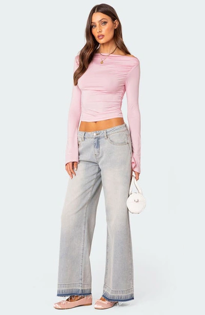 Edikted Dana Gathered Bell Sleeve Crop Top In Light-pink