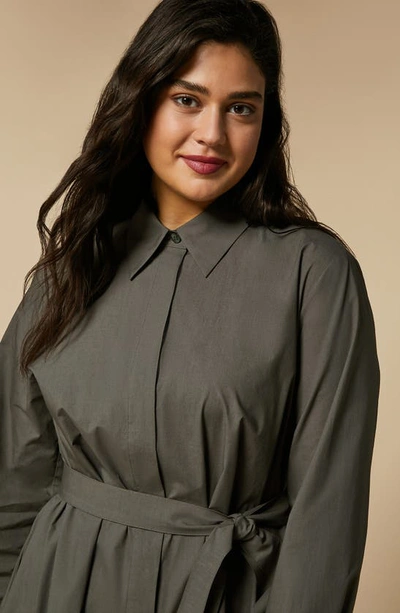 Shop Marina Rinaldi Embroidered Belted Long Sleeve Cotton Poplin Shirtdress In Khaki