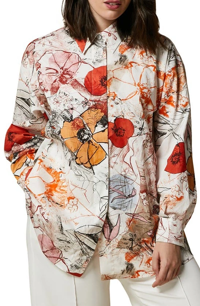 Shop Marina Rinaldi Saggio Floral Button-up Shirt In Off White/ Poppy