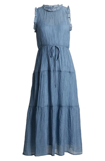 Shop Socialite Crinkle Tiered Sleeveless Midi Dress In Dusty Blue