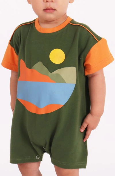 Shop Tiny Tribe Landscape Graphic Romper In Moss Green