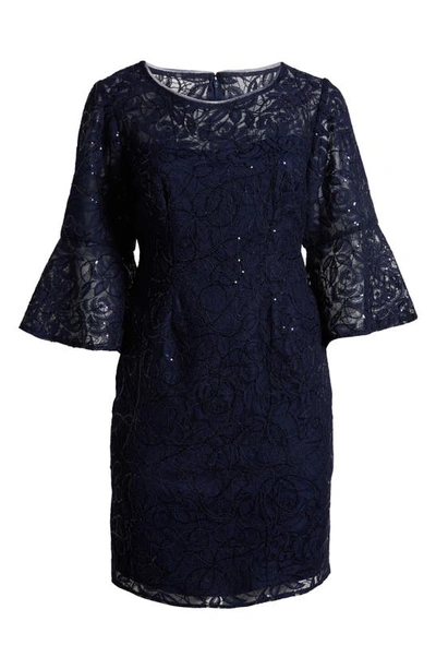 Shop Alex Evenings Sequin Lace Long Sleeve Sheath Dress In Navy