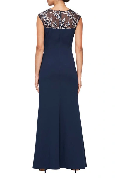 Alex Evenings Embroidered Sleeveless Gown In Navy/ Pink