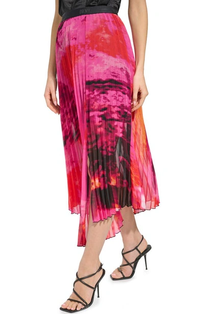 Shop Dkny Sportswear Print Pleated Asymmetric Midi Skirt In Shocking Pink Multi