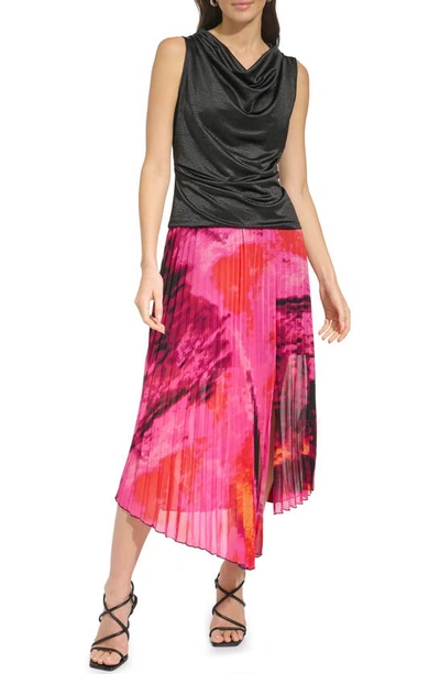 Dkny Sportswear Print Pleated Asymmetric Midi Skirt In Shocking Pink Multi