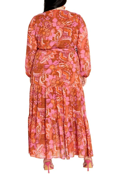 Shop City Chic Print Long Sleeve Tiered Faux Wrap Maxi Dress In Freehand Blooms