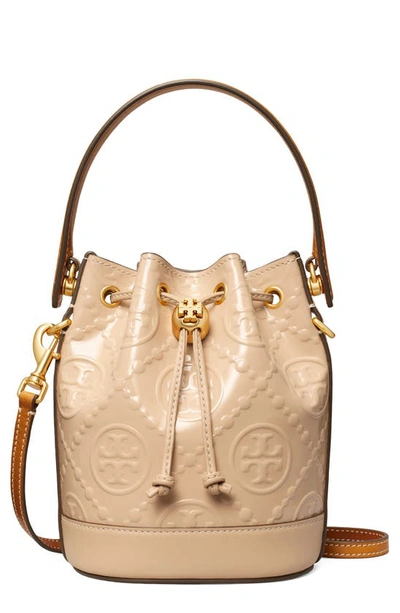 Shop Tory Burch Mini T Monogram Embossed Patent Leather Bucket Bag In Warm Chai