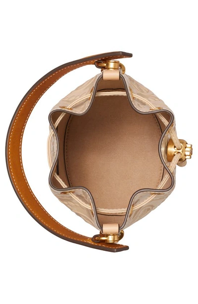 Shop Tory Burch Mini T Monogram Embossed Patent Leather Bucket Bag In Warm Chai