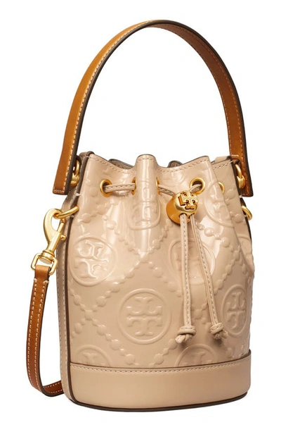 Shop Tory Burch Mini T Monogram Embossed Patent Leather Bucket Bag In Warm Chai