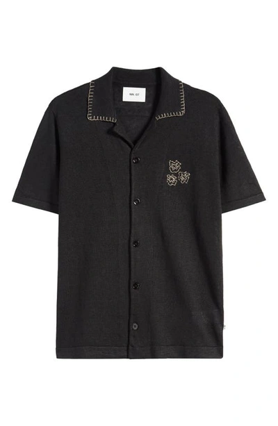 Shop Nn07 Henry Embroidered Short Sleeve Linen Knit Camp Shirt In Black