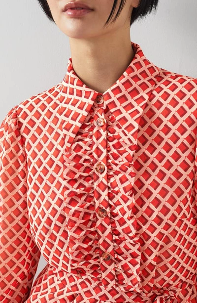 Shop Lk Bennett Ensor Print Ruffle Long Sleeve Shirtdress In Red