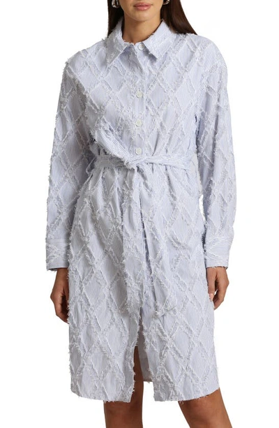 Shop Avec Les Filles Fray Pattern Tie Waist Long Sleeve Shirtdress In Blue/ White Stripe