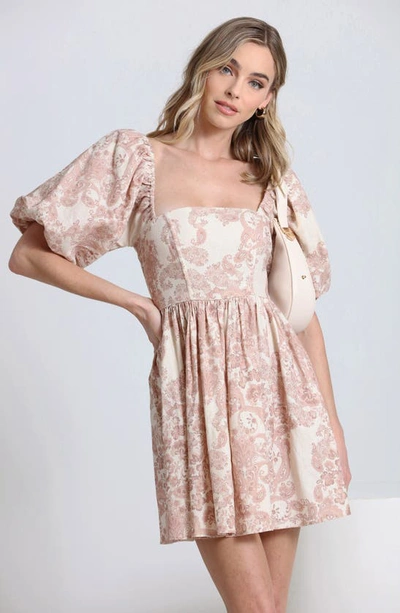 Shop Avec Les Filles Print Puff Sleeve Linen Blend Minidress In Spring Paisley Neutral