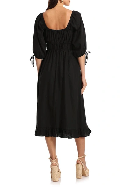 Shop Avec Les Filles Ruched Bodice Linen Blend Midi Dress In Black
