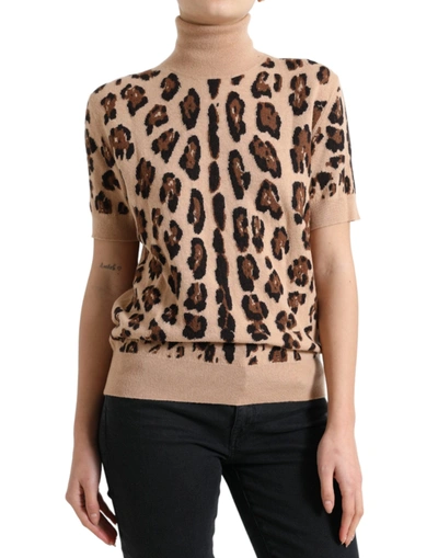 Shop Dolce & Gabbana Elegant Beige Leopard Turtleneck Wool Women's Top