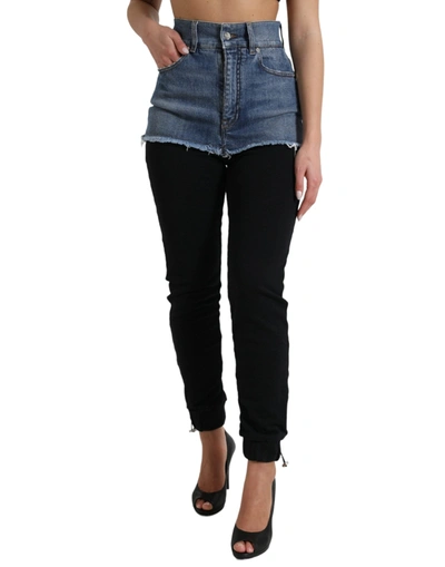 Shop Dolce & Gabbana Chic High Waist Skinny Pants With Denim Women's Shorts In Black And Blue