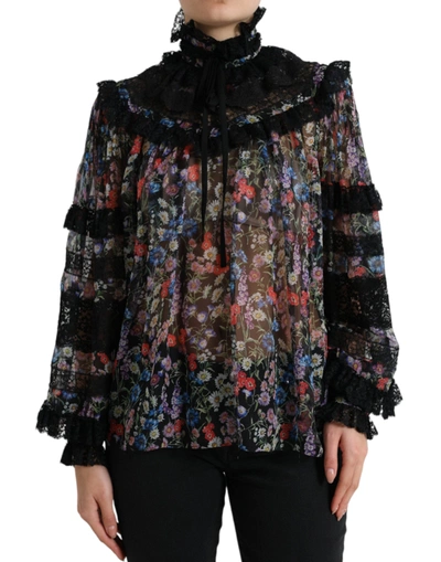 Shop Dolce & Gabbana Elegant Floral Silk Blouse With Lace Women's Trim In Black