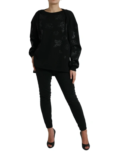 Dolce & Gabbana Black Pullover Floral Logo Applique Sweater In Black