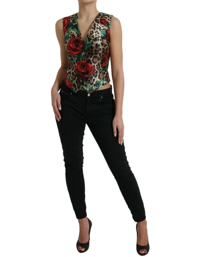 Shop Dolce & Gabbana Brown Leopard Rose Silk Waistcoat Vest Women's Top