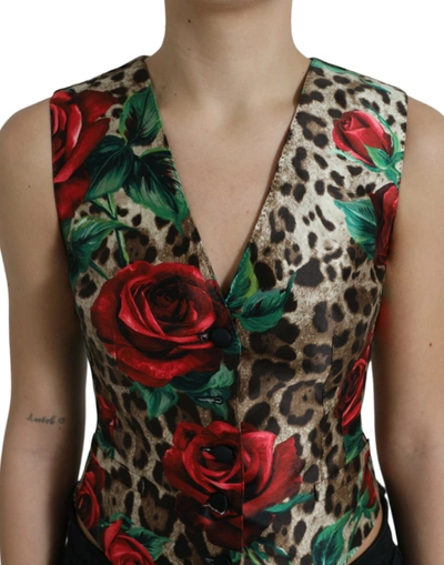 Shop Dolce & Gabbana Brown Leopard Rose Silk Waistcoat Vest Women's Top